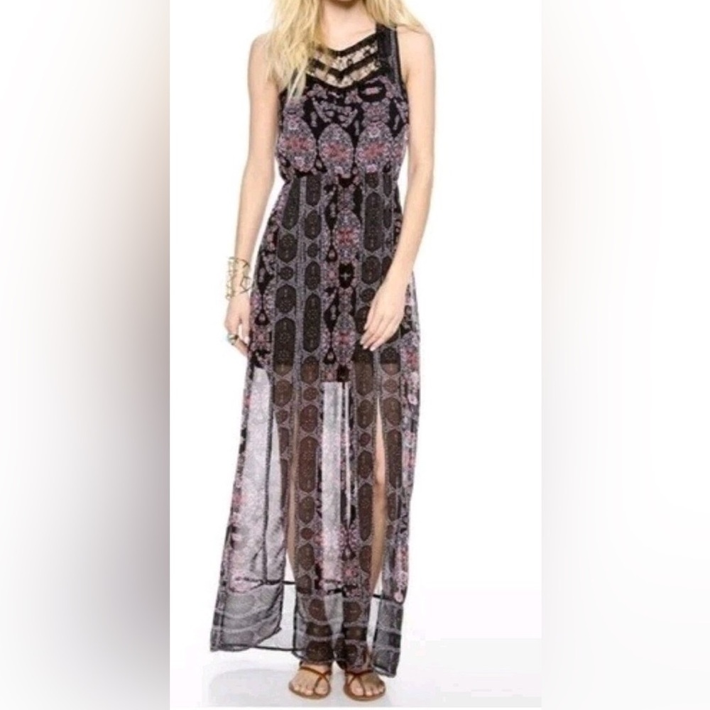 Free People Black Maxi Dress with Pink Floral Print